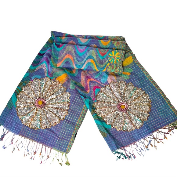 Anthropologie Accessories - Anthropologie blue green floral  beaded sequined fringe wool blend scarf wrap